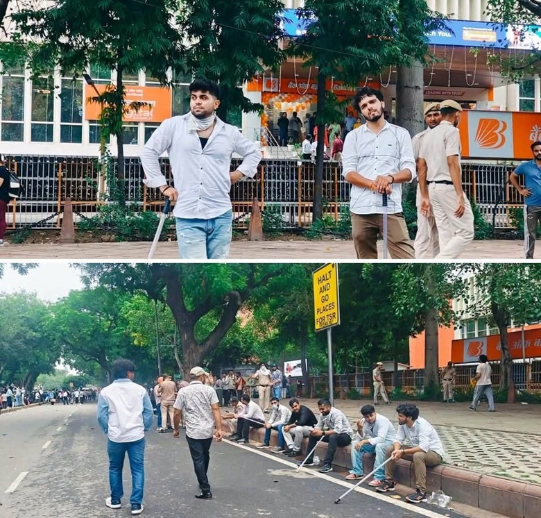 Two scenes of visually impaired men with white canes outside a campus building; top: standing, bottom: seated along a curb.