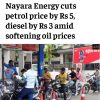 News headline: Nayara Energy cuts petrol price by Rs 5 and diesel by Rs 3 as oil prices soften, with motorcycles at a busy fuel station below the text.