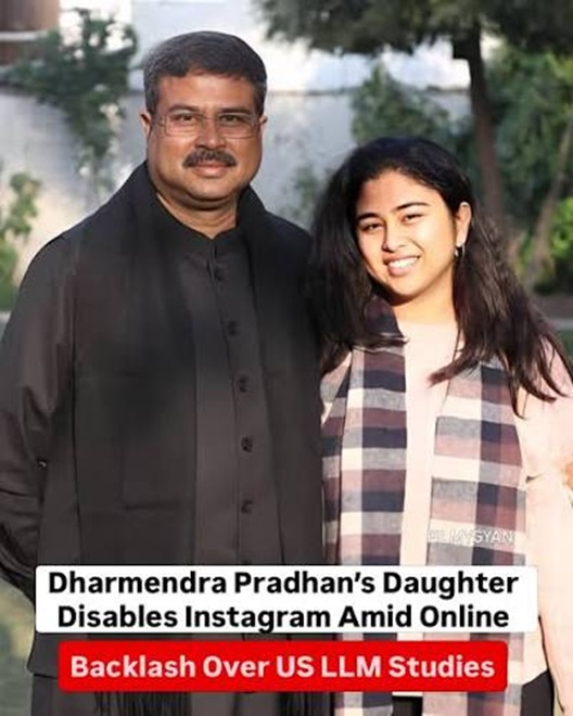 Man in a black outfit stands beside a young woman in a plaid scarf outdoors; bottom news banner reads about Dharmendra Pradhan's daughter, Instagram, and online backlash over US LLM studies.