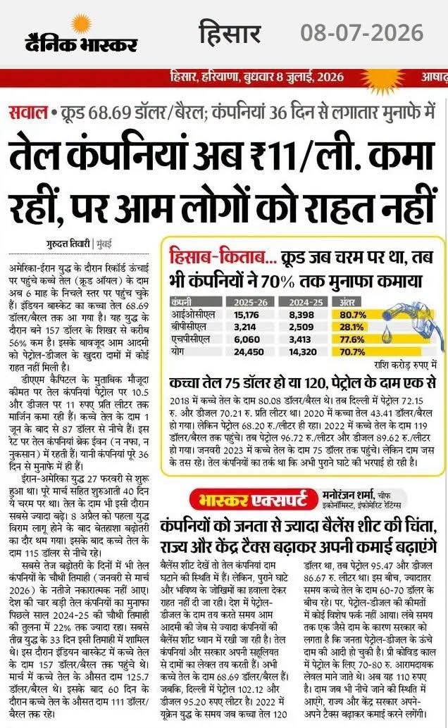 Front page of Dainik Bhaskar Himachal edition, dated 08-07-2026, with a large Hindi headline about oil companies raising prices and a data/chart box.