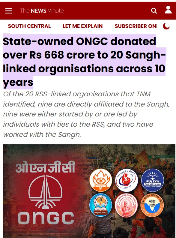 ongc | No. 1 Indian Media News Portal News headline about ONGC donating over Rs 668 crore to 20 RSS-linked organizations, with the ONGC logo and related emblems.