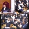 Collage of a formal meeting: two judges at a bench on top left, audience seated on top right, and attendees raising papers in a conference room below.