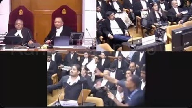 Collage of a formal meeting: two judges at a bench on top left, audience seated on top right, and attendees raising papers in a conference room below.