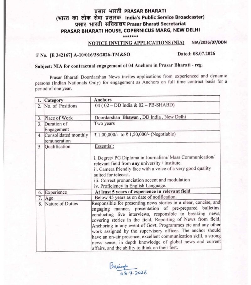 prasar bharti anchor | No. 1 Indian Media News Portal Notice inviting applications for 4 anchors by Prasar Bharati at DD India, New Delhi, dated 08-07-2026.