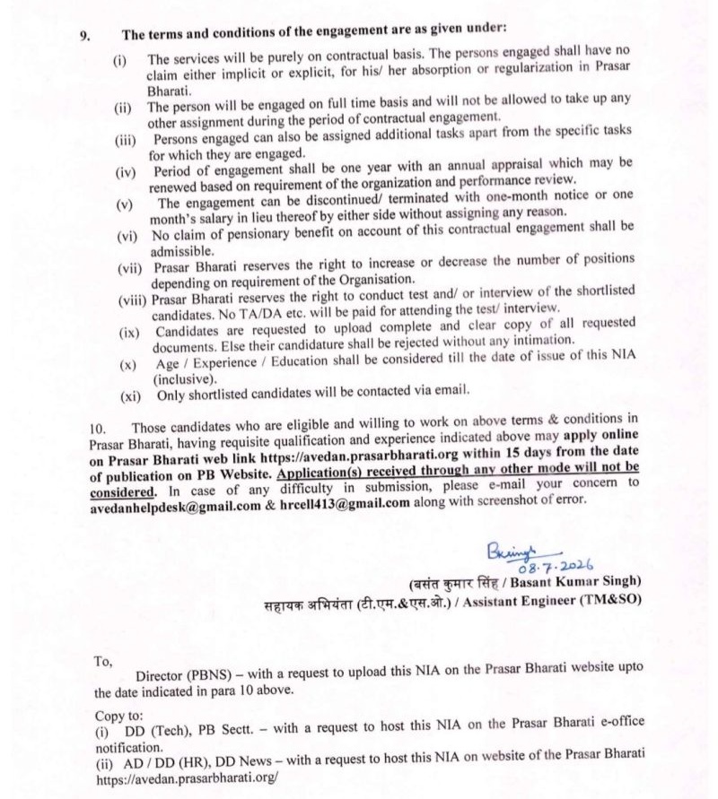 prasar bharti anchor_1 | No. 1 Indian Media News Portal Document page detailing terms and conditions of engagement (sections 9–10) for Prasar Bharati, including contract basis services, appraisal/renewal, and online application notice.