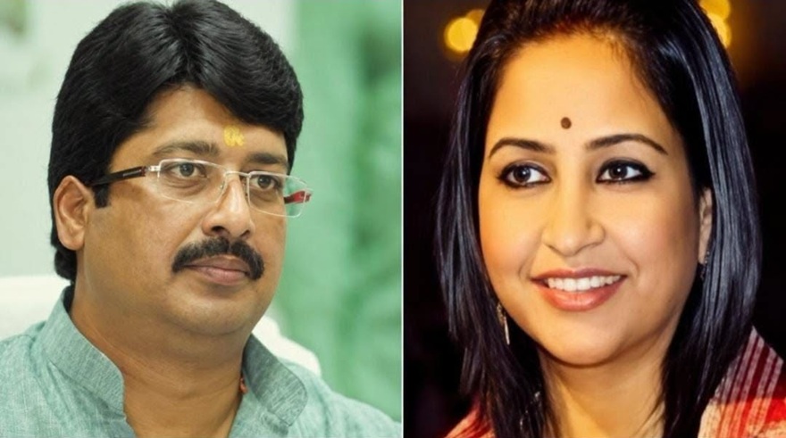 Side-by-side portraits: a man with glasses and a tilak on the left, and a smiling woman with a bindi on the right.