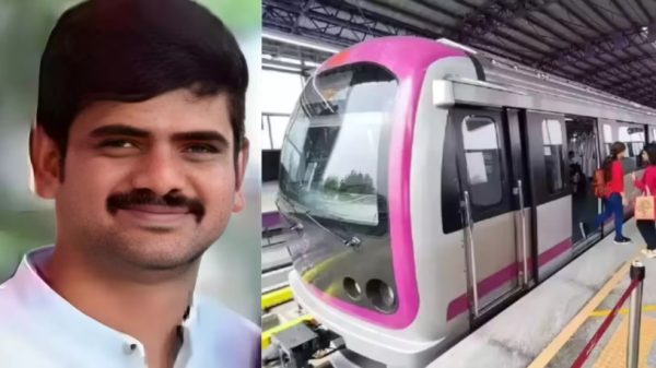Collage showing a man with a mustache smiling on the left and a modern pink-accented metro train at a platform on the right.