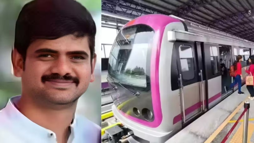 Collage showing a man with a mustache smiling on the left and a modern pink-accented metro train at a platform on the right.