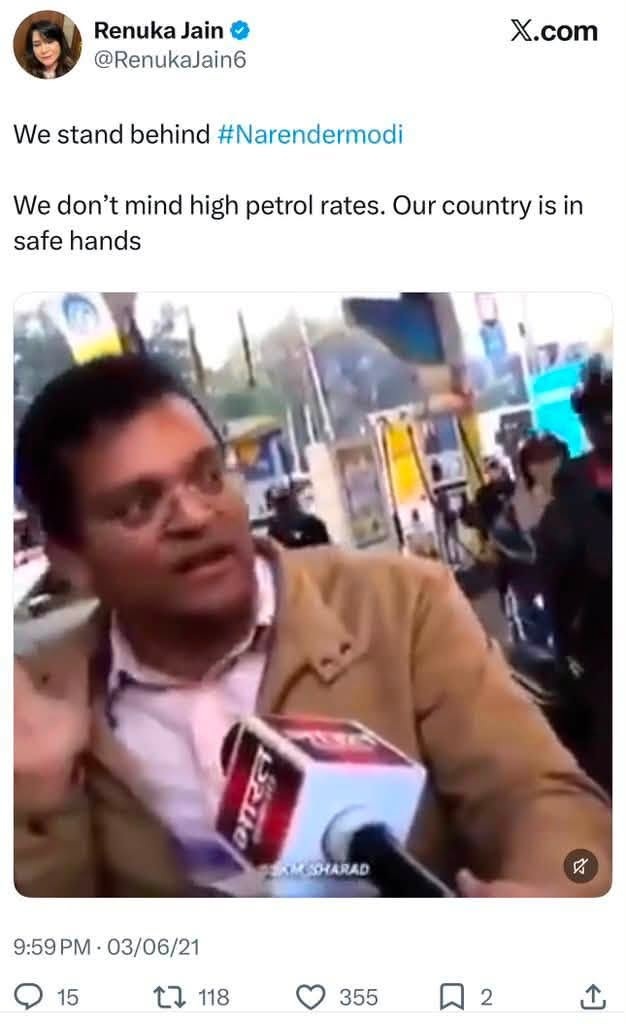 renuka jain | No. 1 Indian Media News Portal Screenshot of a tweet expressing support for Narendra Modi, with a man being interviewed at a petrol station.