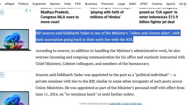 Blue highlighted quote stating Siddharth Yadav is one of the minister’s oldest and closest aides, tied to the RSS.