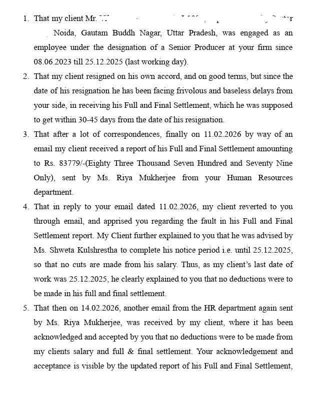 A typed, five-item, numbered document detailing a client's engagement as a Senior Producer, his resignation and final settlement, including a settlement amount and multiple HR communications dated in 2025–2026.