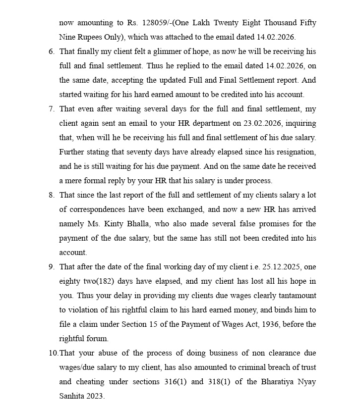 Page from a formal letter detailing settlement delays, HR communications, and wage claims (paragraphs 6–10) with monetary amounts in Rs.