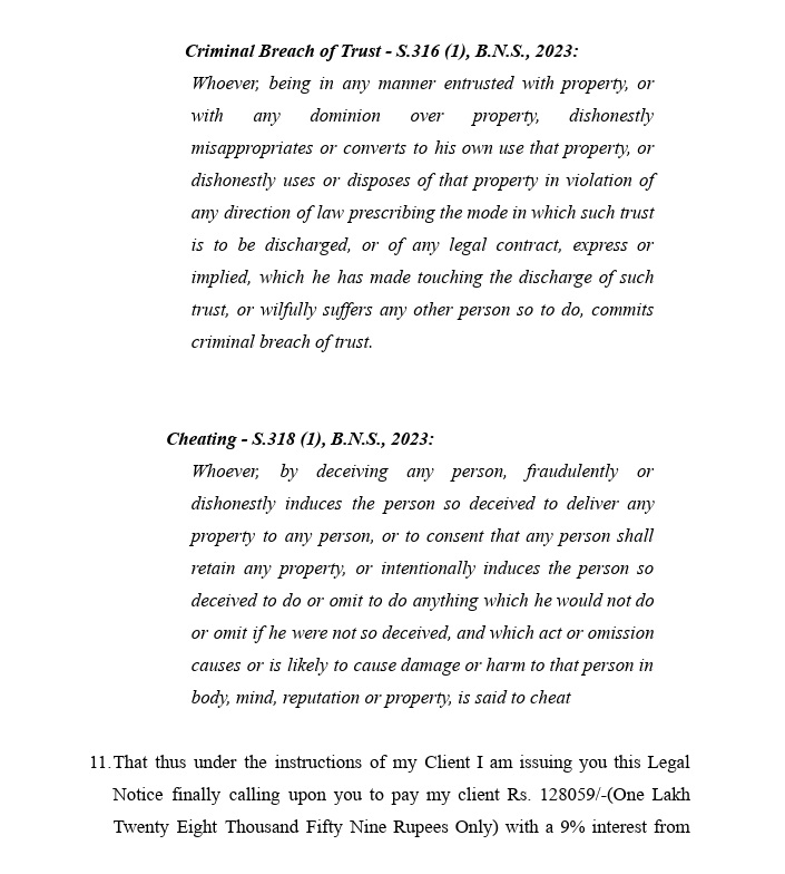 Page excerpt from a legal document with bold headings 'Criminal Breach of Trust' and 'Cheating', listing statutory text (S.316(1), B.N.S., 2023) and detailed definitions in italicized paragraphs.