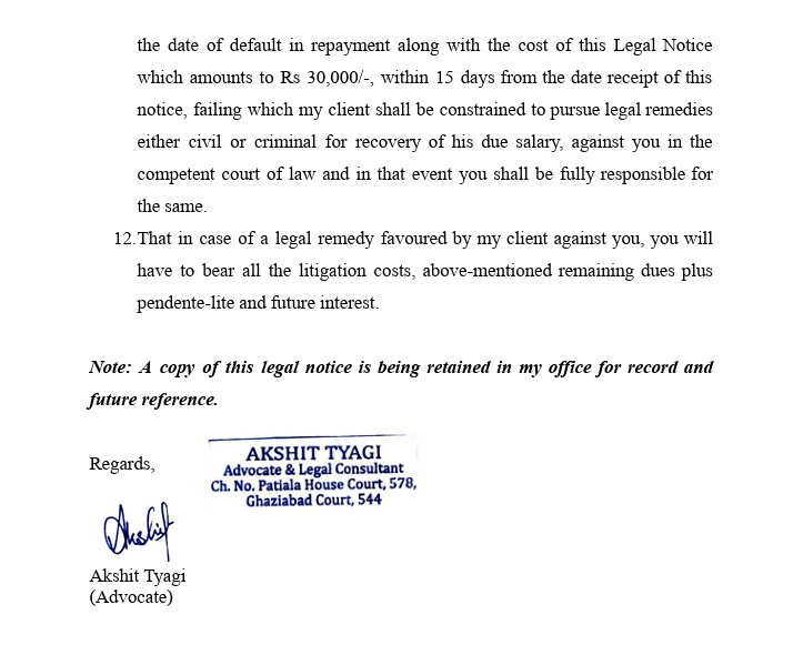 Page of a legal notice with signature and stamp. Signed by Akshit Tyagi (Advocate).