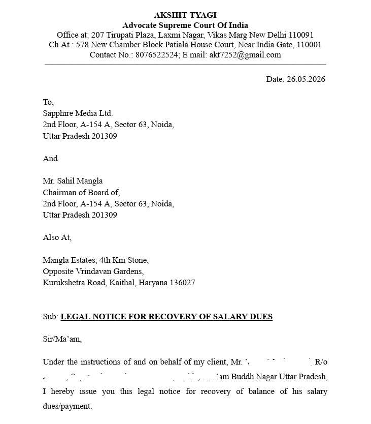 Legal letter header from Akshit Tyagi, Advocate, Supreme Court of India, dated 26 May 2026, with recipient addresses; subject: Legal Notice for Recovery of Salary Dues.