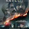 Poster for the Hindi film 'Satluj' featuring three male leads, a blazing fire across the middle, and silhouettes of people and cars at the bottom.