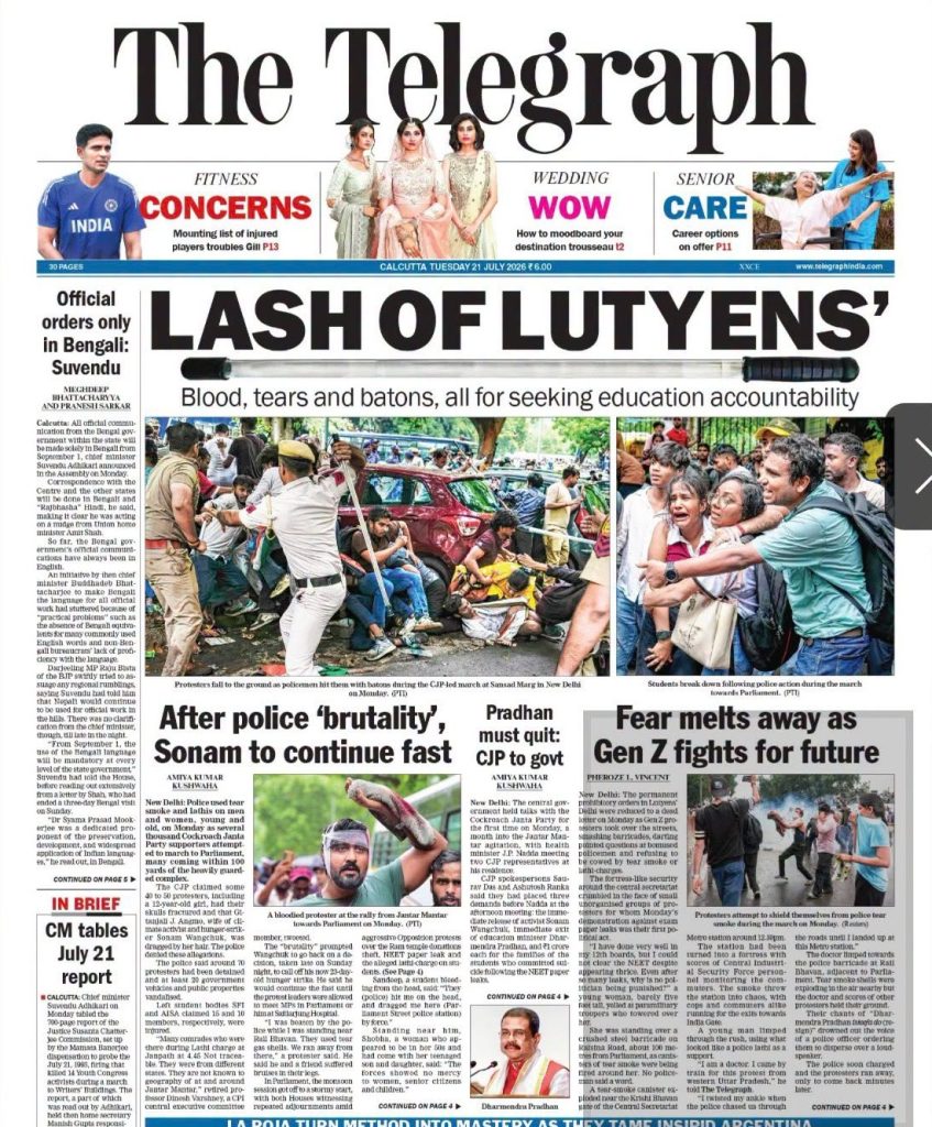 telegraph | No. 1 Indian Media News Portal Front page of The Telegraph with the bold headline 'LASH OF LUTYENS' and photos of protesters clashing with police.