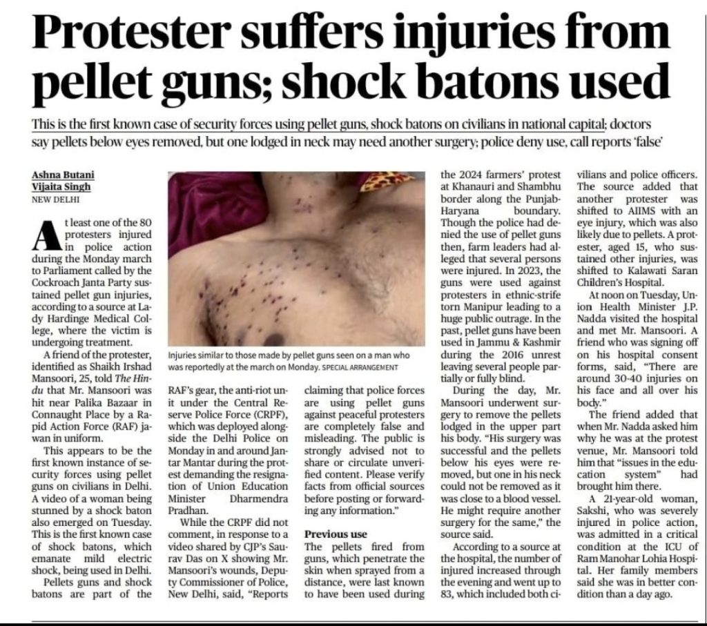 thehindu | No. 1 Indian Media News Portal Newspaper article headline: 'Protester suffers injuries from pellet guns; shock batons used' with a photo of a injured protester’s chest and face.