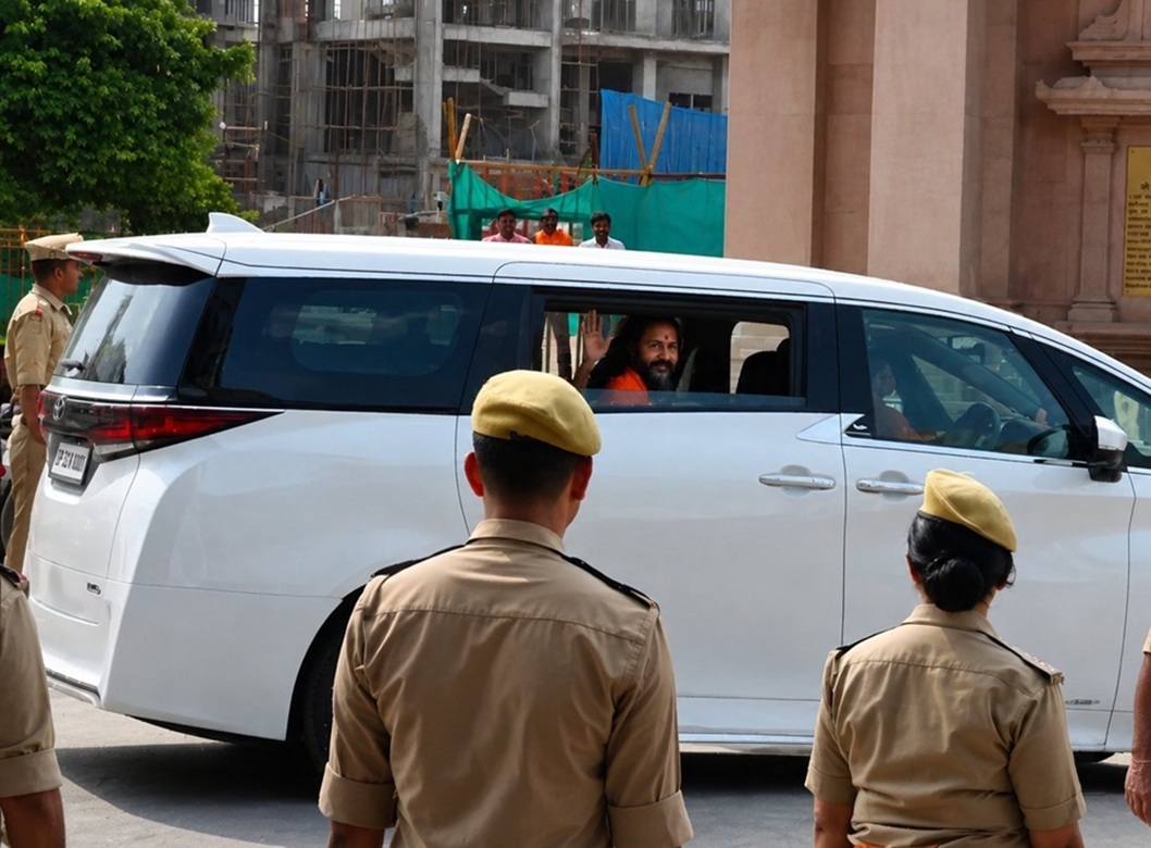 Bearded man in a white van waves from the window while security personnel in khaki uniforms stand nearby.