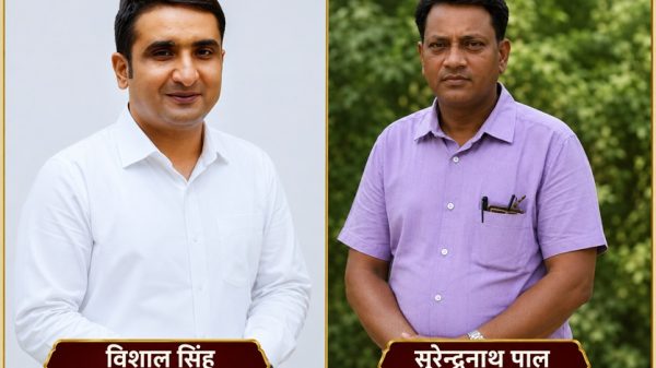Split portrait of two men: left in a white shirt, smiling; right in a lavender shirt with pens in the pocket, with gold Hindi nameplates below.