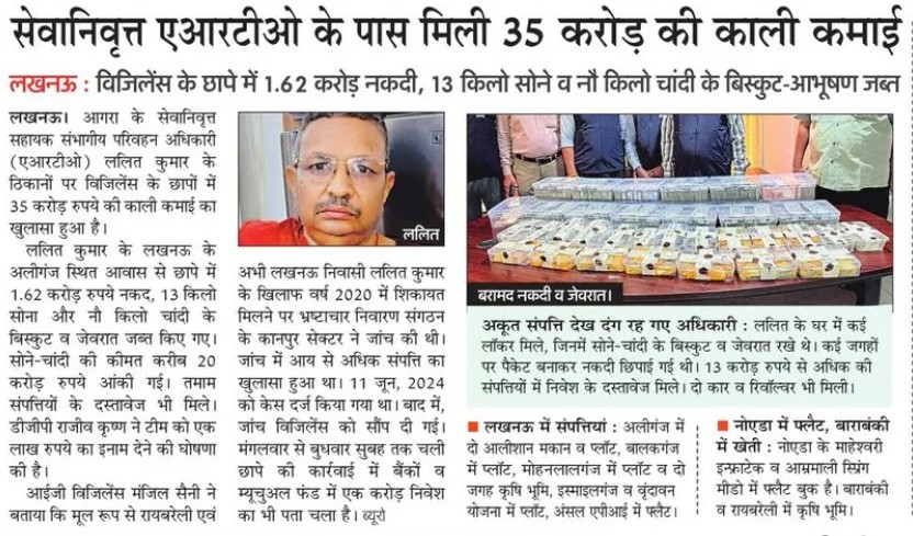 Front page of a Hindi newspaper with a headline about a 35 crore rupee cash seizure, featuring photos of a man and a large stack of bundled cash.