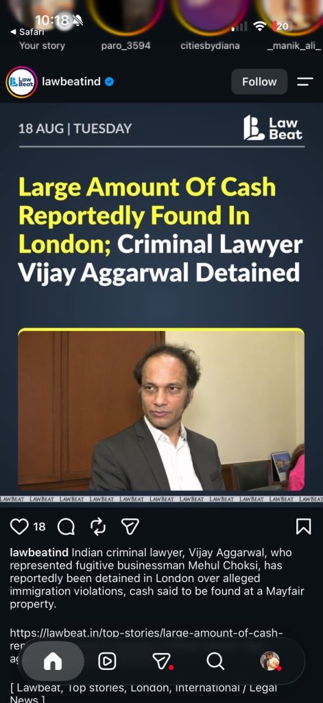 405f0f95-5149-48b1-98f1-7d6a3aced68f | No. 1 Indian Media News Portal Post image with a bold news headline about cash reportedly found in London and a detained criminal lawyer, accompanied by a formal portrait of a man in a suit in an office setting beneath the headline.