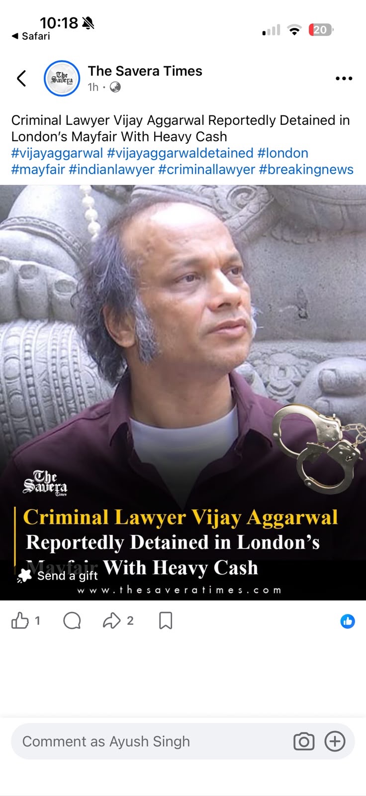 News post image: man in a maroon shirt with a carved stone background and a handcuffs graphic, about Vijay Aggarwal detention.