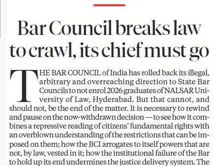 Front page of The Indian Express with masthead and the headline "Bar Council breaks law to crawl, its chief must go".