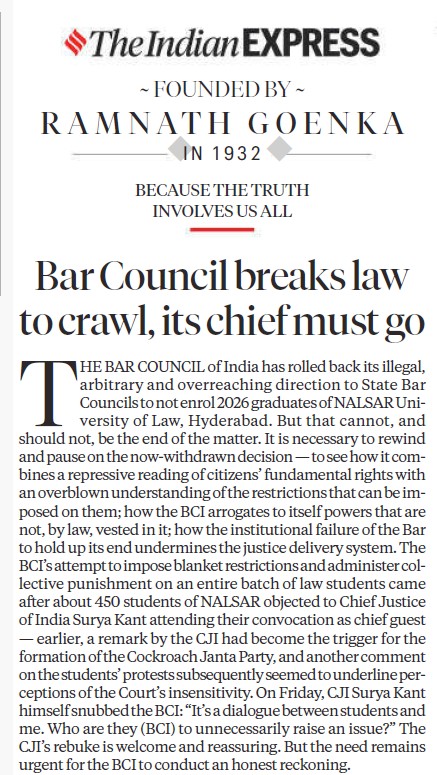 Front page of The Indian Express with masthead and the headline "Bar Council breaks law to crawl, its chief must go".