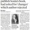 Newspaper front-page report: Penguin India won’t publish Sonia Gandhi’s memoir after requested changes; includes a photo of Sonia Gandhi and byline.