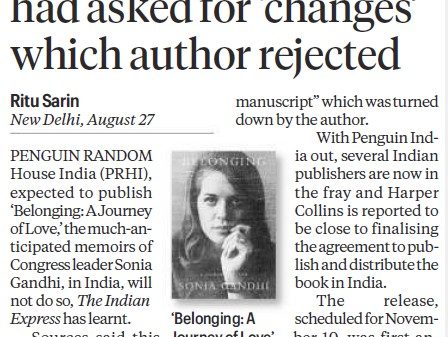 Newspaper front-page report: Penguin India won’t publish Sonia Gandhi’s memoir after requested changes; includes a photo of Sonia Gandhi and byline.