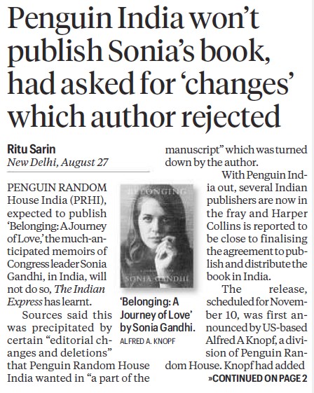 Newspaper front-page report: Penguin India won’t publish Sonia Gandhi’s memoir after requested changes; includes a photo of Sonia Gandhi and byline.