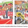 Two protest crowds: left shows opposition MPs holding a red banner and placards, right shows NDA supporters with a large white banner and a speaker.