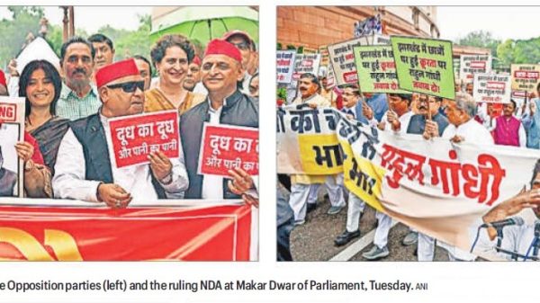 Two protest crowds: left shows opposition MPs holding a red banner and placards, right shows NDA supporters with a large white banner and a speaker.