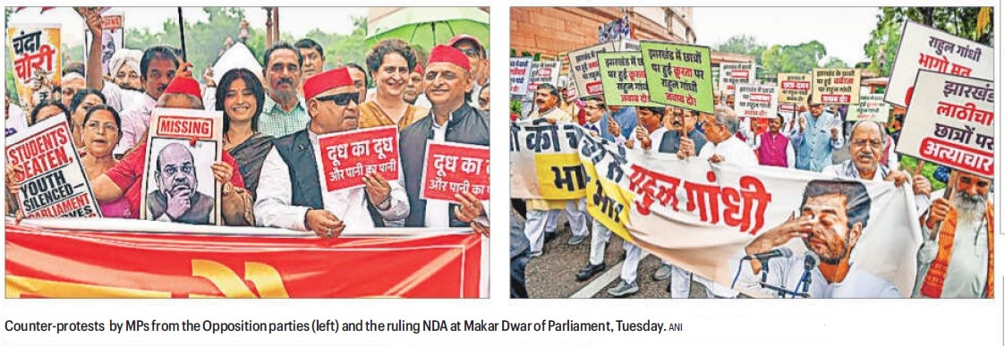 Two protest crowds: left shows opposition MPs holding a red banner and placards, right shows NDA supporters with a large white banner and a speaker.