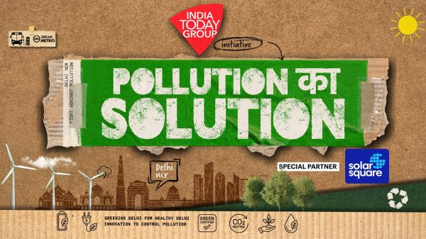Poster for a pollution-solution campaign reading 'Pollution ka Solution' by India Today Group, with wind turbines, trees, and city skyline visuals.