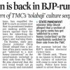 Front page of a newspaper with the headline 'Extortion is back in BJP-run Bengal' and a subheading about TMC's 'tolabaji' culture; by Rajib Chowdhuri; visible article text lines.