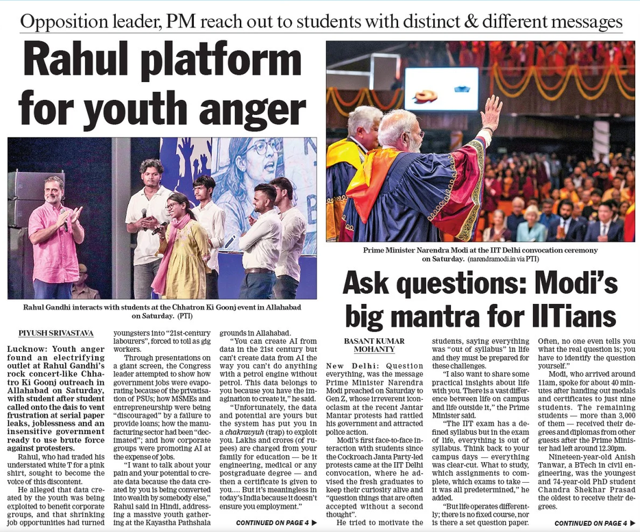 Screenshot 2026-08-09 131442 | No. 1 Indian Media News Portal Newspaper front page with two large headlines: 'Rahul platform for youth anger' and 'Ask questions: Modi's big mantra for IITians', plus photos of Rahul Gandhi addressing students and Prime Minister Modi at a ceremony.