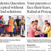 Two Indian newspaper front pages side by side: left shows a stage ceremony with officials and a group photo under a bold headline about questioning and finding solutions; right shows another event with people shaking hands under a headline about Rahul at Prayagraj meet.