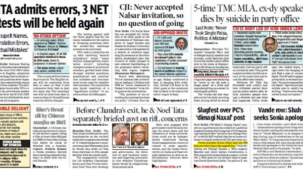 Collage of front pages from Indian newspapers with bold political headlines and small photos summarizing multiple news stories