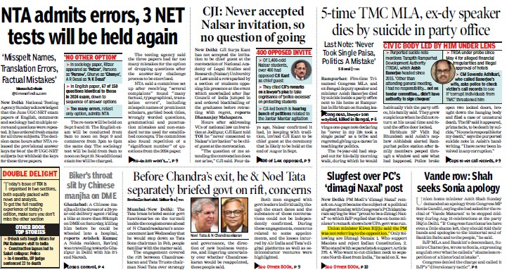 Collage of front pages from Indian newspapers with bold political headlines and small photos summarizing multiple news stories