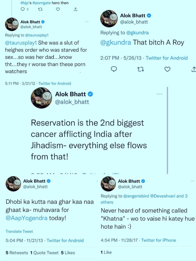 alok bhatt | No. 1 Indian Media News Portal Collage of several Twitter screenshots from user @alok_bhatt, showing posts with bold, offensive language and political commentary on reservations and other topics, all on a light blue Twitter theme background.