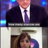 Split-screen with a male news anchor in a suit on top (glasses, dark hair) and a female guest in a white top on bottom; caption reads 'how many stanzas are'.