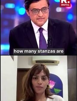 Split-screen with a male news anchor in a suit on top (glasses, dark hair) and a female guest in a white top on bottom; caption reads 'how many stanzas are'.