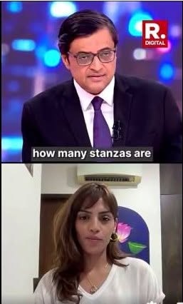 Split-screen with a male news anchor in a suit on top (glasses, dark hair) and a female guest in a white top on bottom; caption reads 'how many stanzas are'.