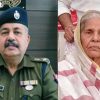 Split-screen: left is a man in a police uniform with a blue beret; right an elderly woman in a light scarf.