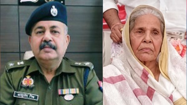 Split-screen: left is a man in a police uniform with a blue beret; right an elderly woman in a light scarf.