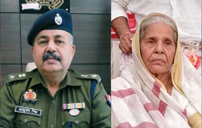 Split-screen: left is a man in a police uniform with a blue beret; right an elderly woman in a light scarf.