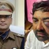 Side-by-side photo: a uniformed police officer in khaki with cap on left; a man with a swollen eye and bruised face on the right.