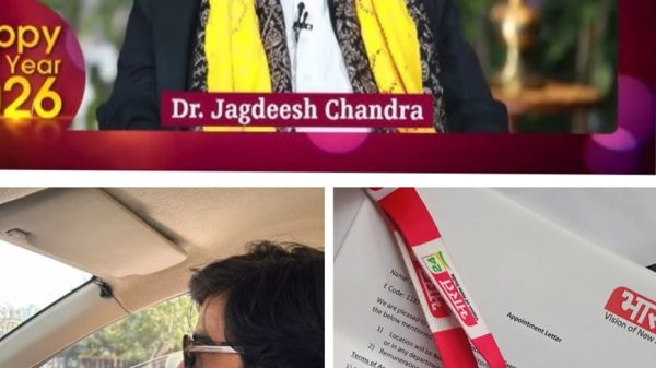 Collage of three scenes: a TV interview with an older man wearing glasses and a yellow scarf on a colorful set; a man driving a car wearing sunglasses; and a document with red-and-white Bharat-branded lanyards nearby.